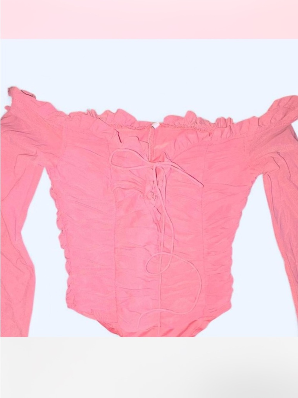 Off-Shoulder Ruffle Lace-Up Women’s Bodysuit in Pink